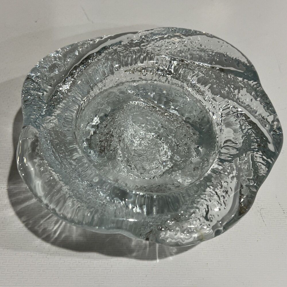 Blenko Pillar Candle Holder Cabbage Rose Textured Pebbled Ice Glass Vintage MCM